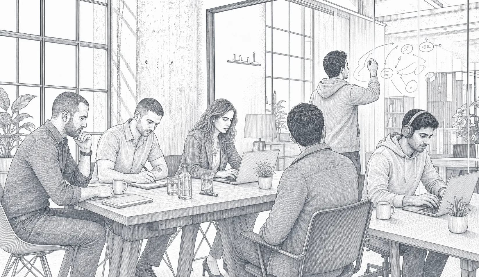 The Pomodor team sketched around a table, working through a system on the glass wall